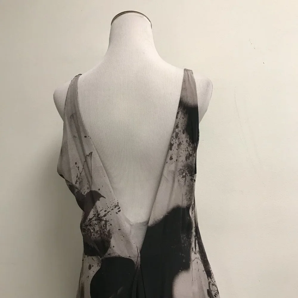 Diesel black gold silk sleeveless loose fit dress bird gray print low back L - Picture 6 of 9